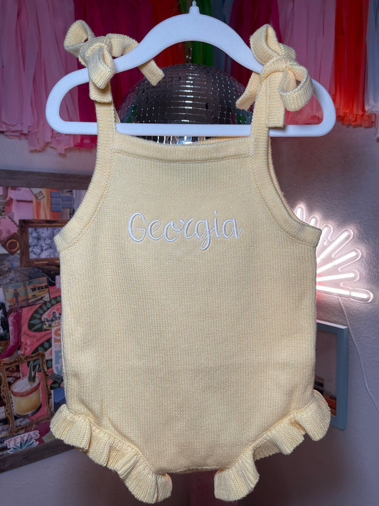 Custom Embroidered Baby Sunsuit – Knit with Ruffles & Bows