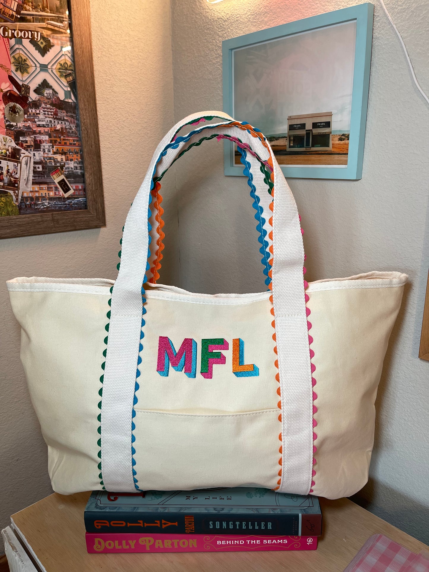 RicRac Trim Colorful Canvas Tote Bag