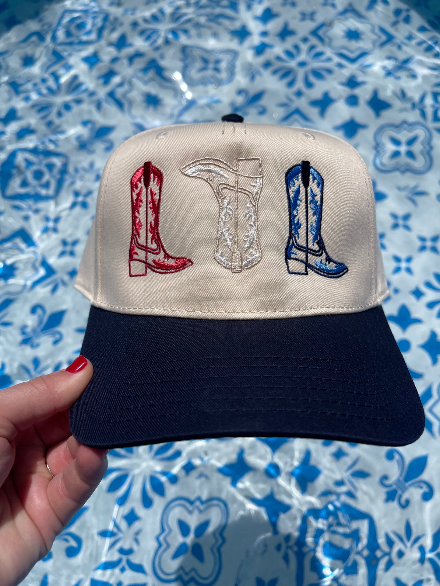 Red, White, and Boots Trucker Hat