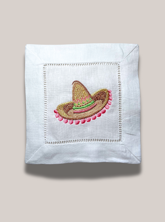 Festive Sombrero Embroidered Linen Cocktail Napkin