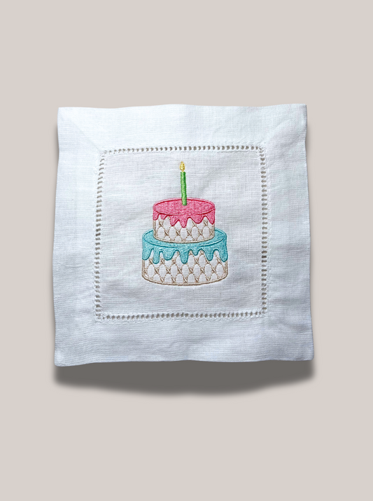 Birthday Cake Embroidered Linen Cocktail Napkin