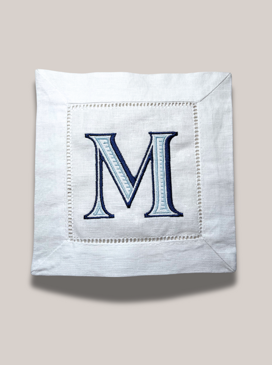 Navy & Blue Initial Linen Cocktail Napkin