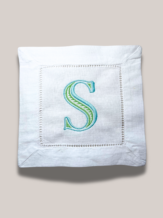 Blue & Green Initial Linen Cocktail Napkin