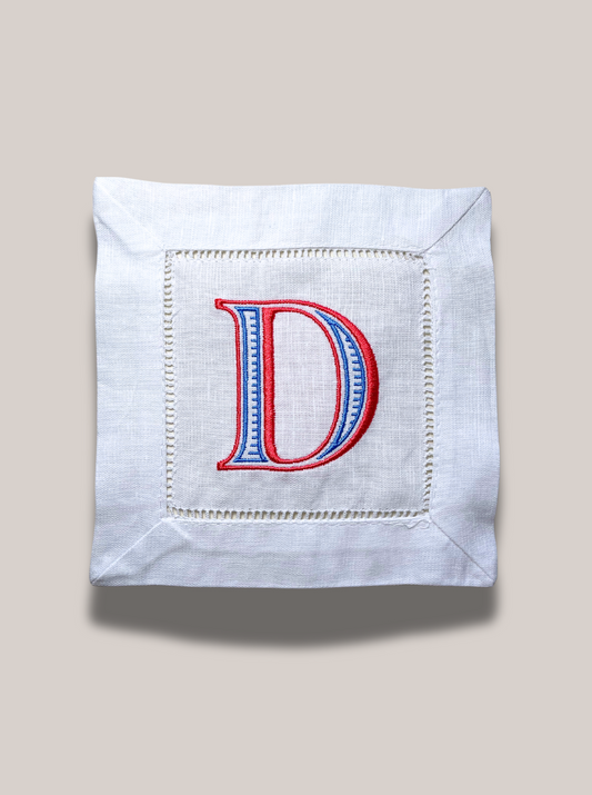 Red & Blue Initial Linen Cocktail Napkin