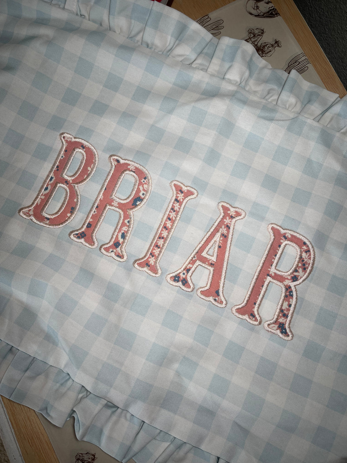 Gingham Ruffle Applique Name Pillow Cover