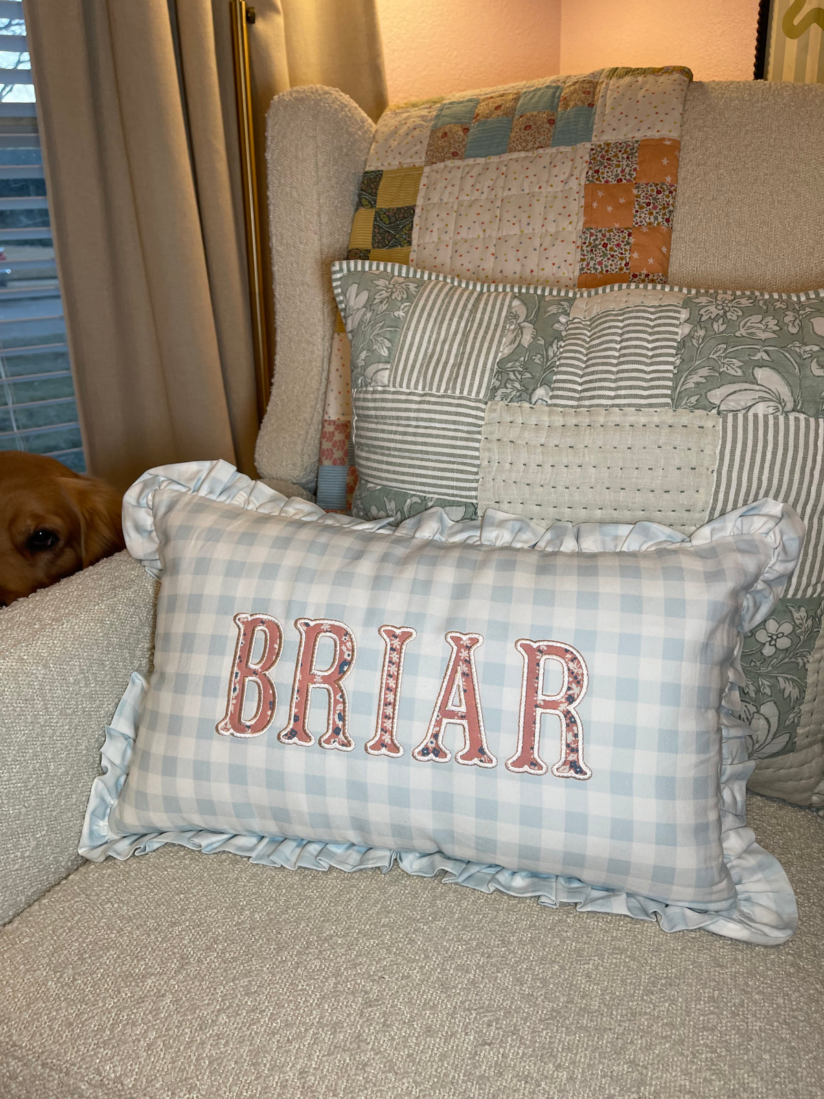 Gingham Ruffle Applique Name Pillow Cover