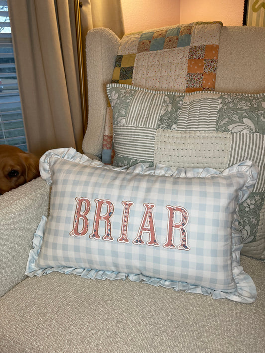 Gingham Ruffle Appliqué Name Pillow Cover
