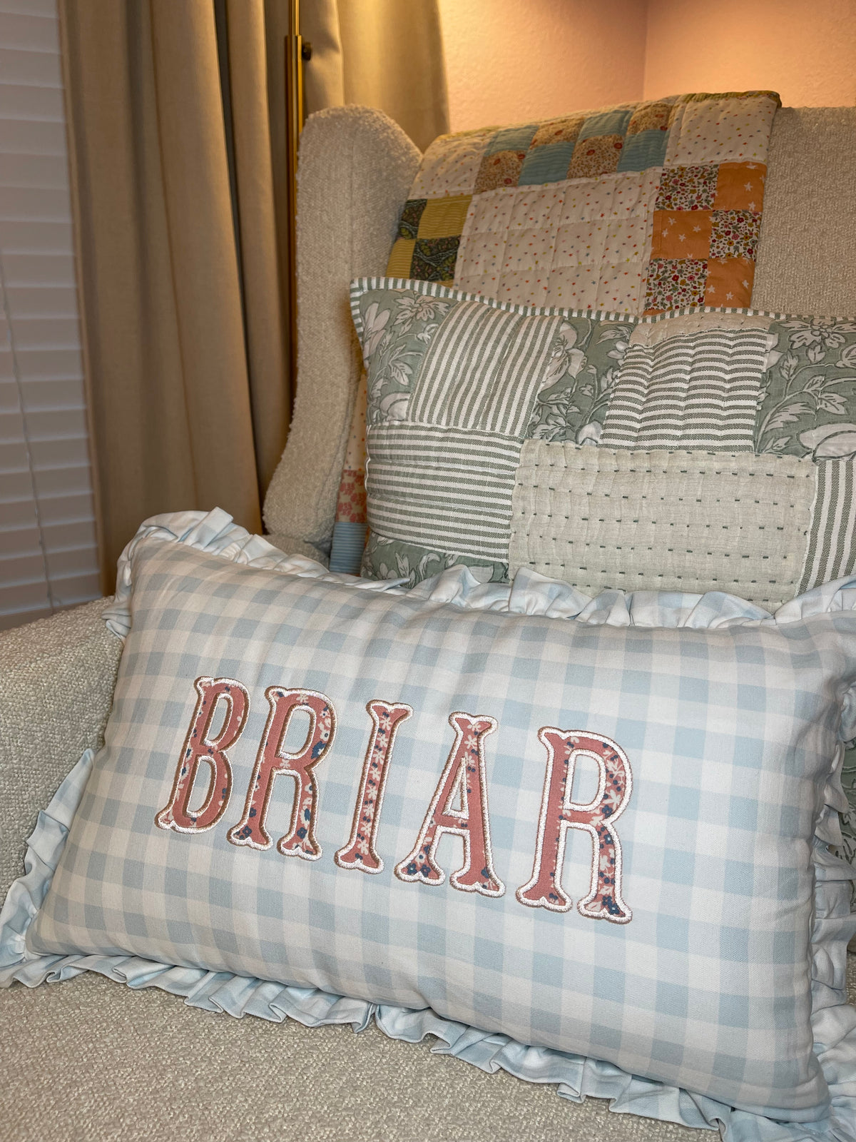 Gingham Ruffle Applique Name Pillow Cover