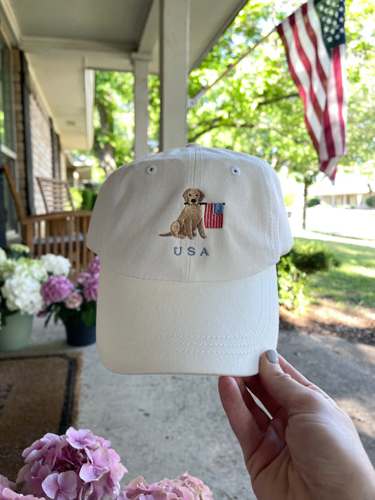 Patriotic Puppy Embroidered Hat – USA Flag Dog Hat for Memorial Day, 4th of July & Summer