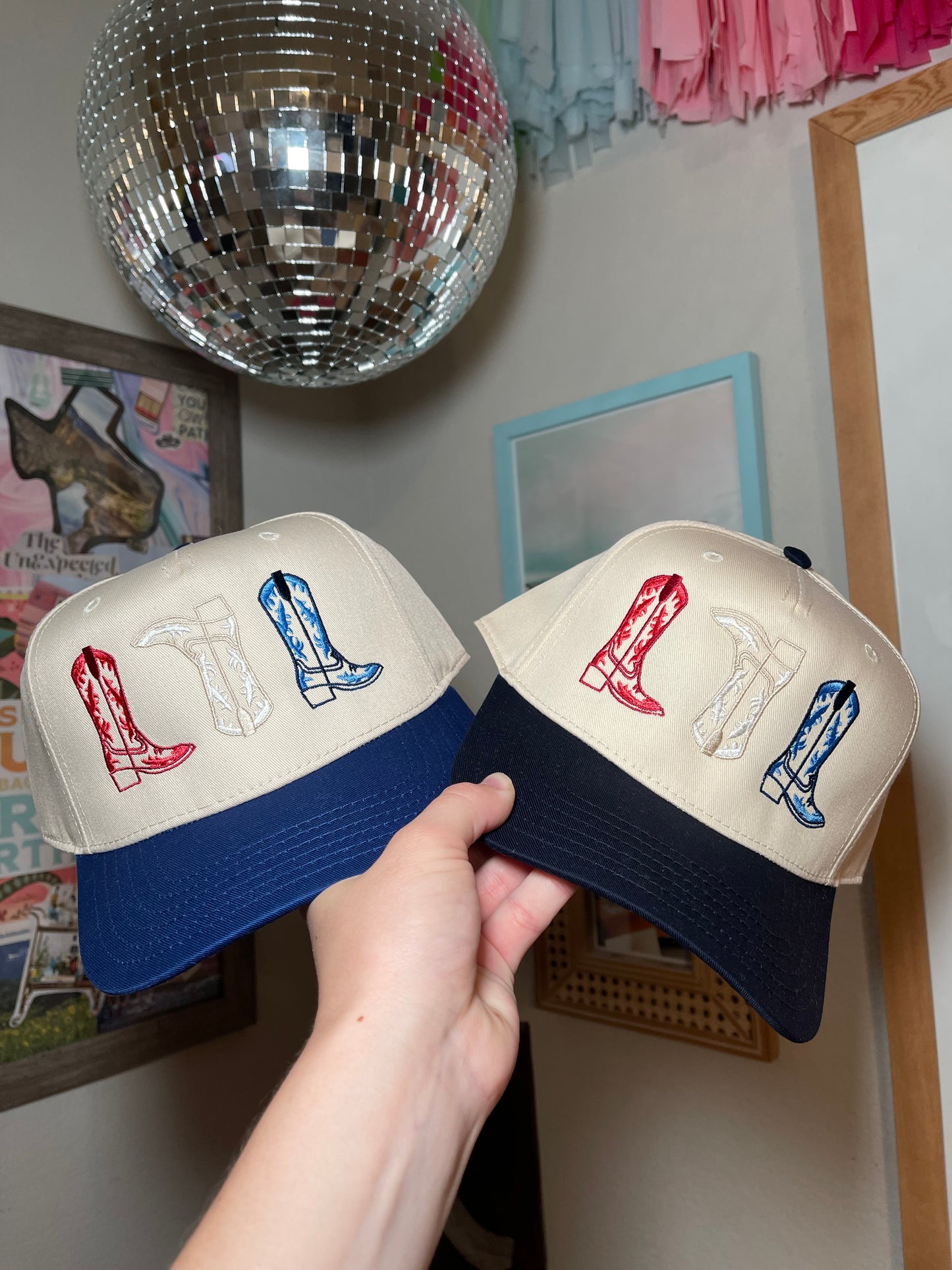 Red, White, and Boots Trucker Hat