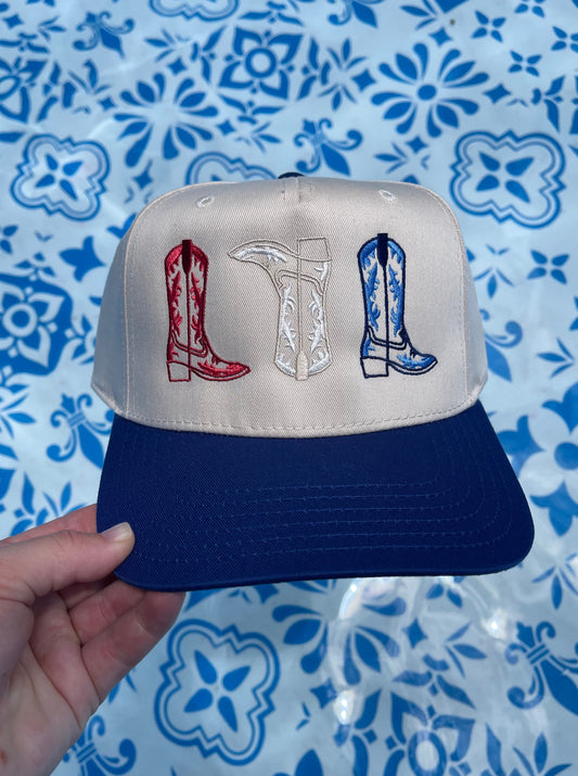 Red, White, and Boots Trucker Hat