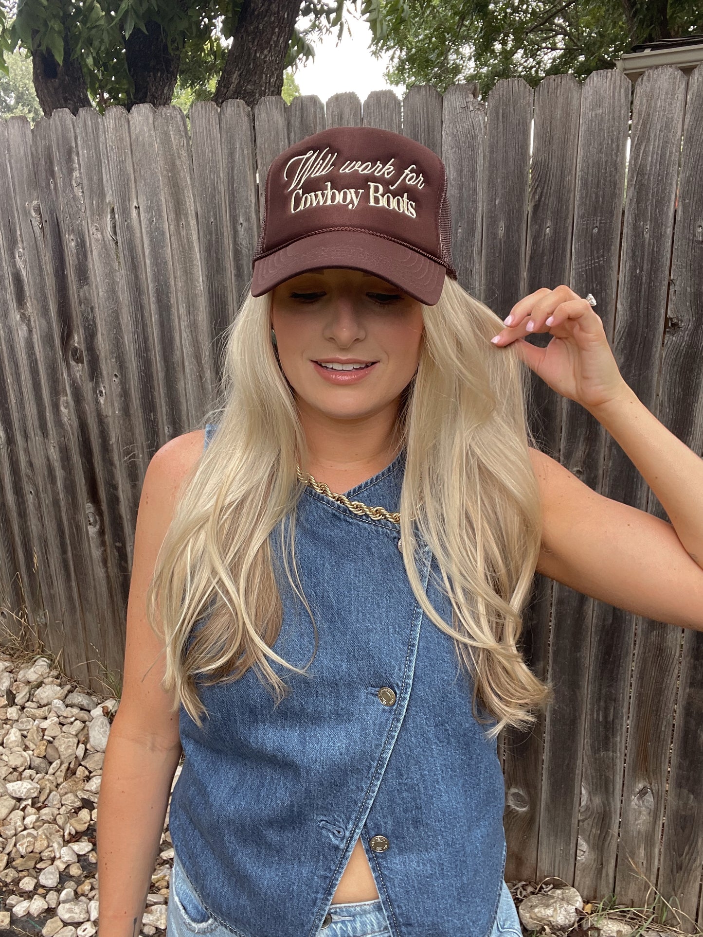 Will Work for Cowboy Boots Trucker Hat