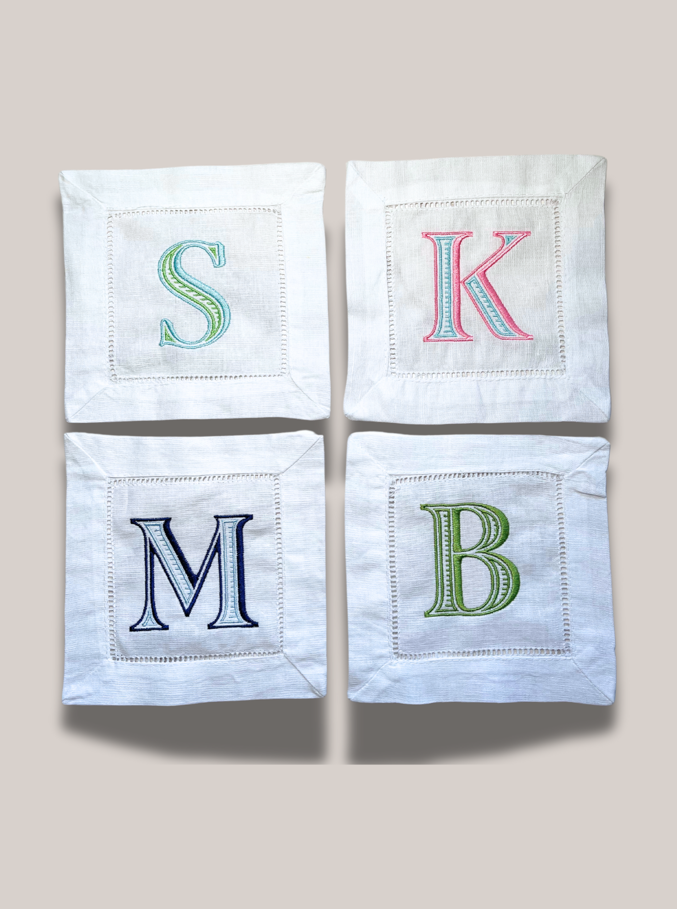 Blue & Green Initial Linen Cocktail Napkin